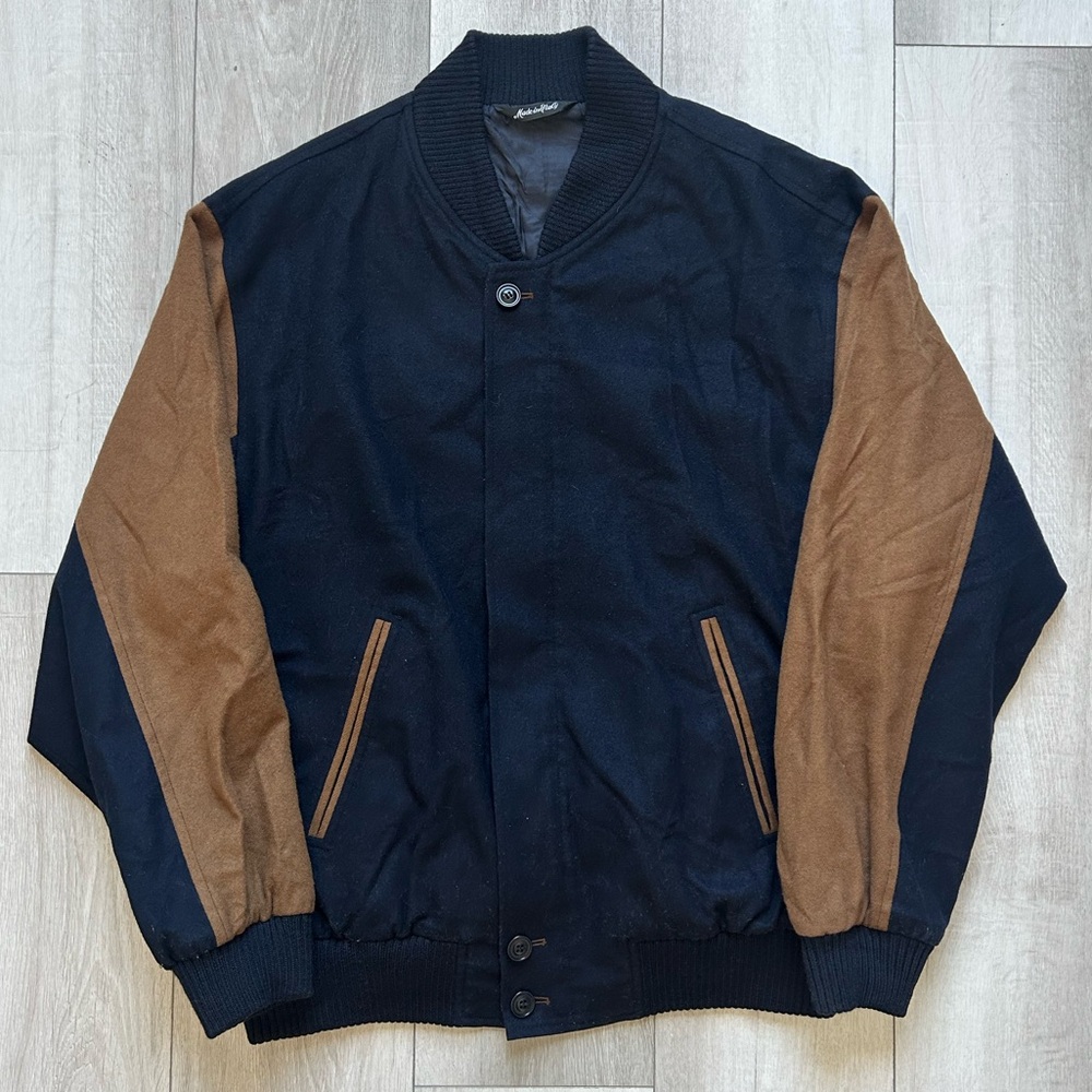 Vintage Made In Italy Wool & Cashmere Navy And Brown Zip Up Varsity Jacket SizeM